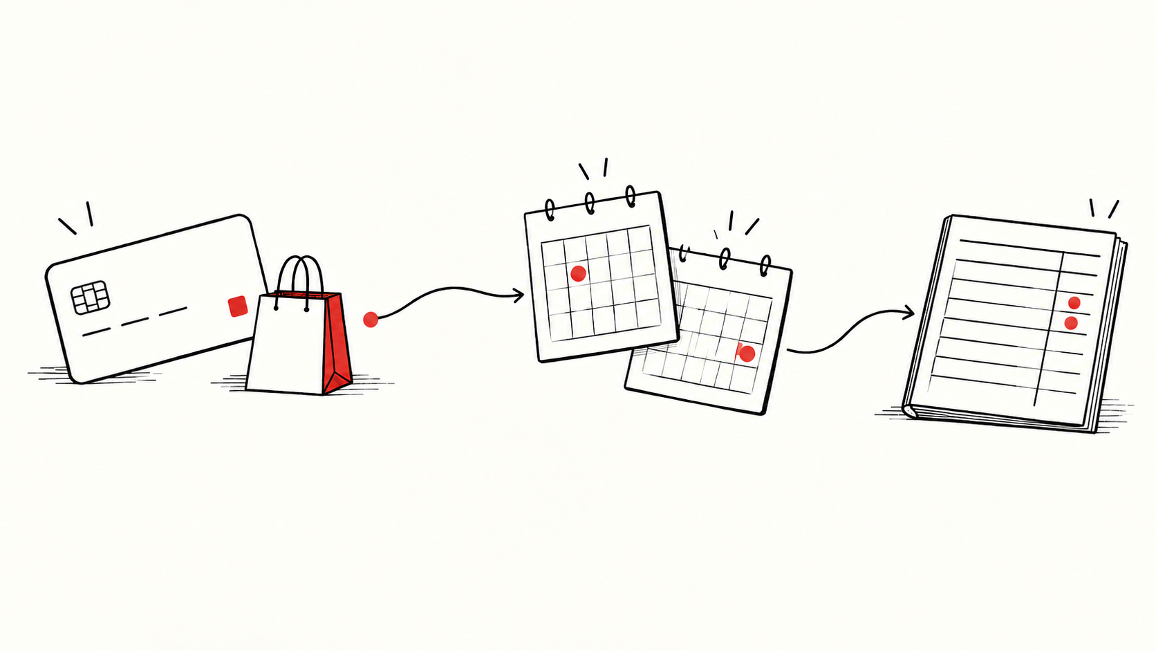 A payment card beside two offset calendars and a revenue ledger, drawn with black outlines and a restrained red accent.