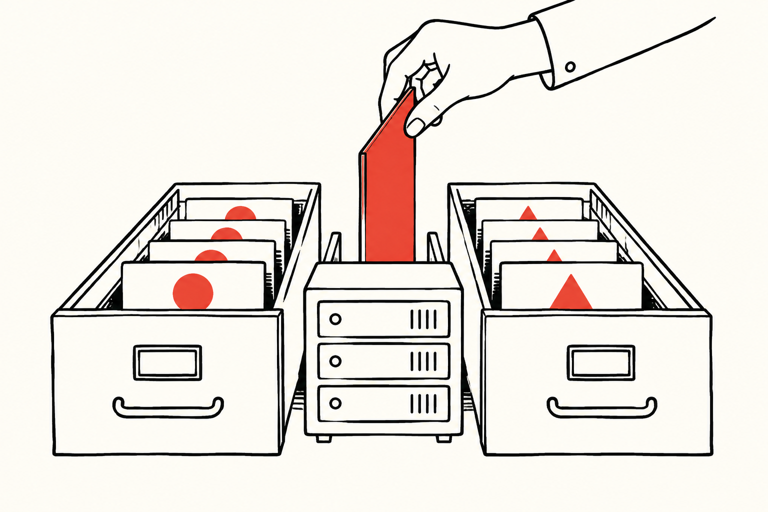 A hand places a red divider between two filing drawers holding circle and triangle cards, with a small cache cabinet in the center.