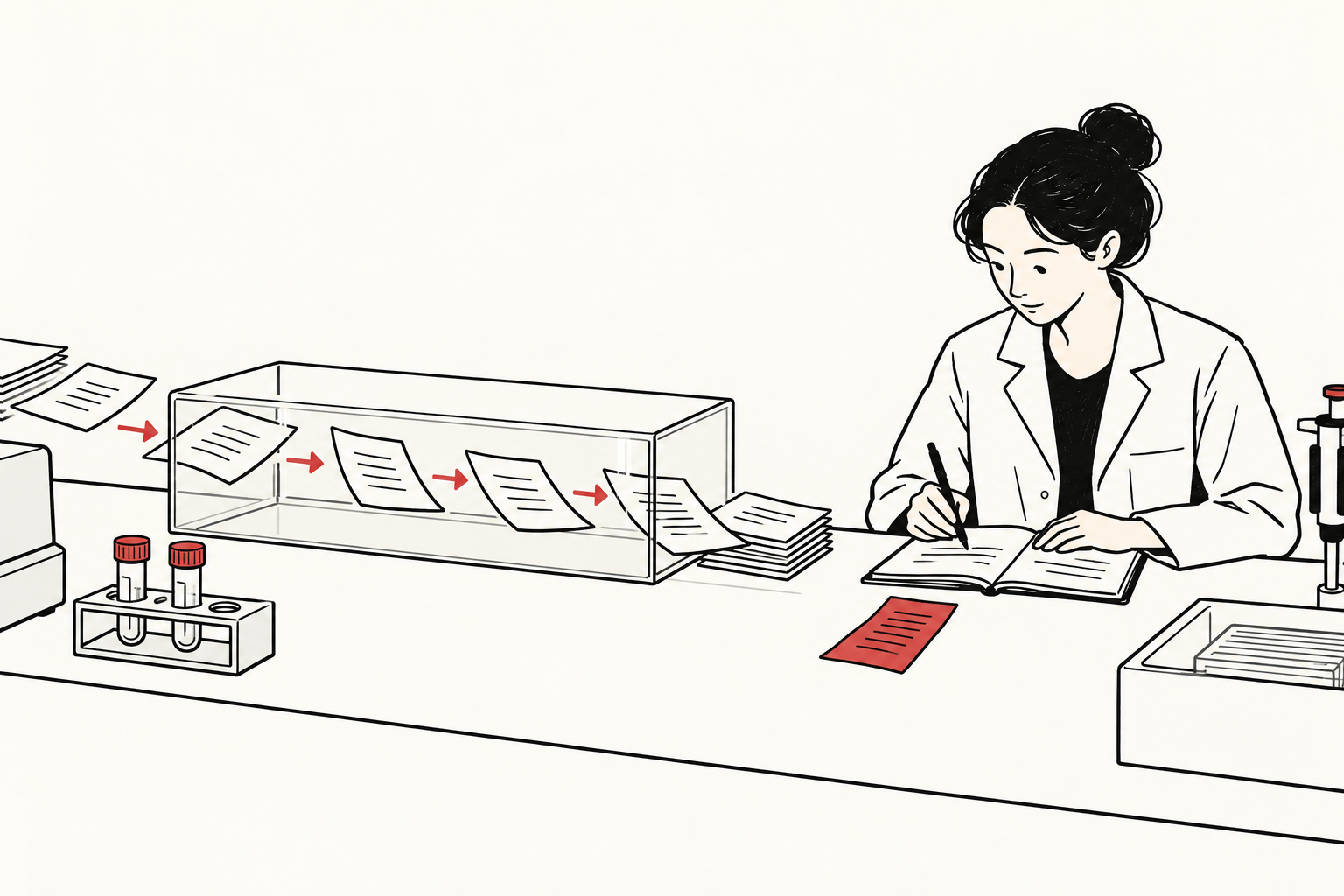 A scientist writes in a notebook beside a transparent tray of payment papers and a red service receipt on a laboratory bench.