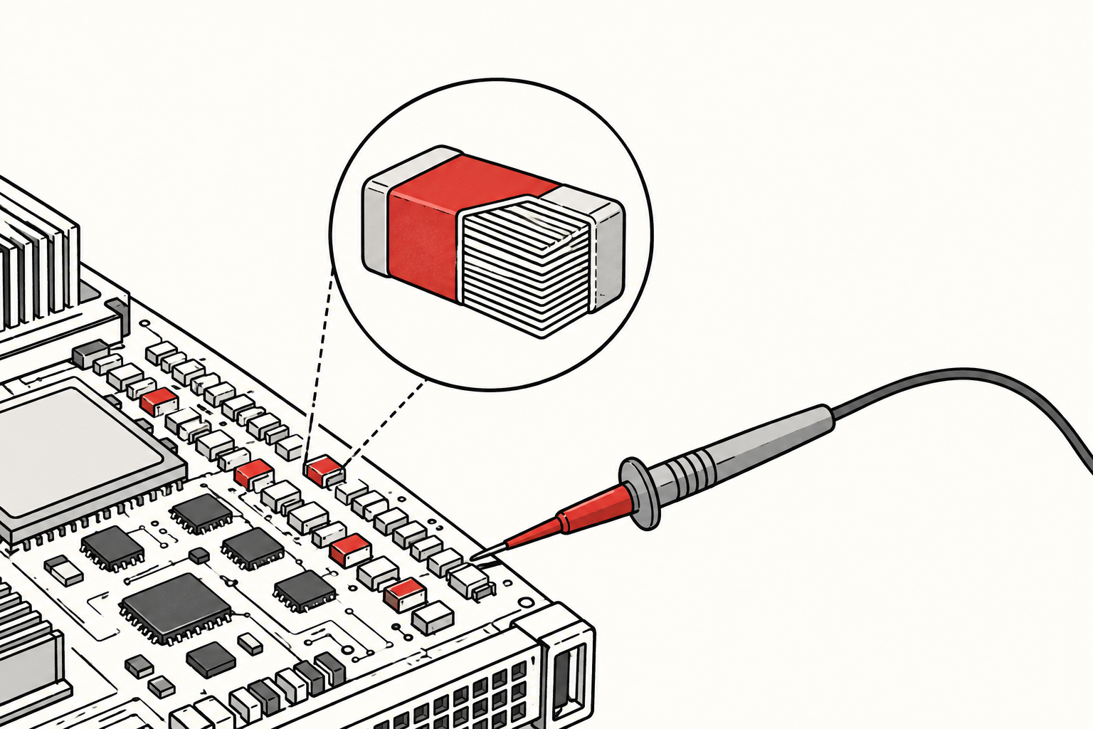 A tiny capacitor on a server circuit board is magnified to reveal its layered structure while a test probe checks the component.