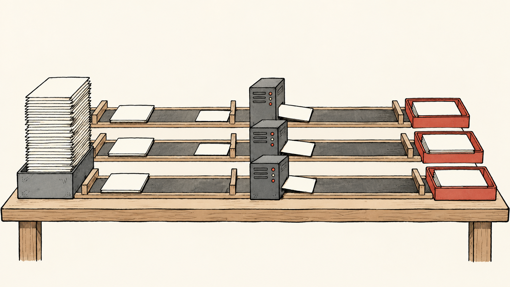 Hand-drawn blank cards arranged on three tabletop lanes, with server cabinets and red trays at the ends.