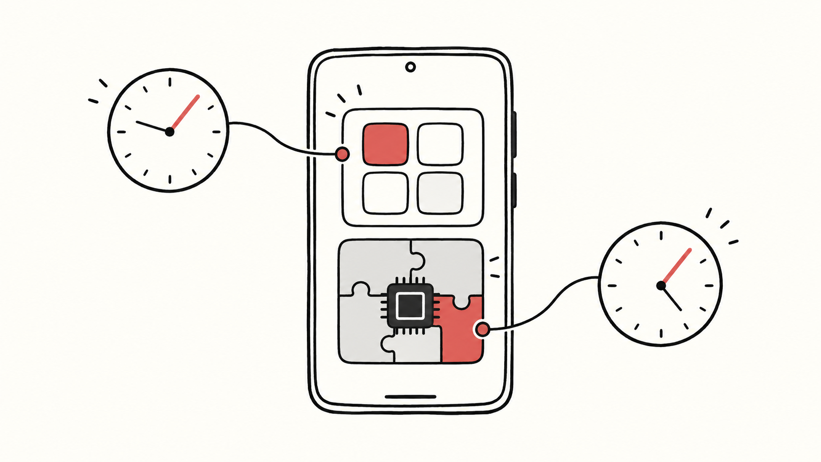 二つの時計が、スマートフォン内のアプリ画面と共有計算エンジンにそれぞれ接続されている。