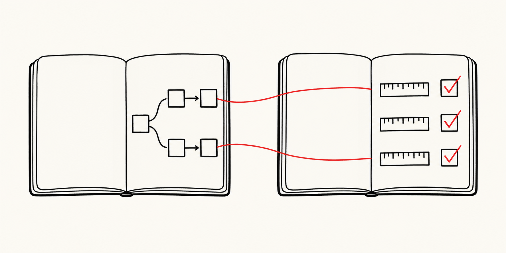 開いた二冊のノートが、エージェントの経路図と別々の測定定規、チェック印を結ぶ。
