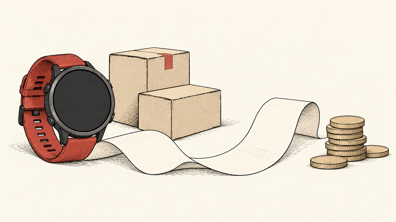 Hand-drawn unbranded sports watch with a red strap beside two boxes, a curling blank receipt and stacked coins.