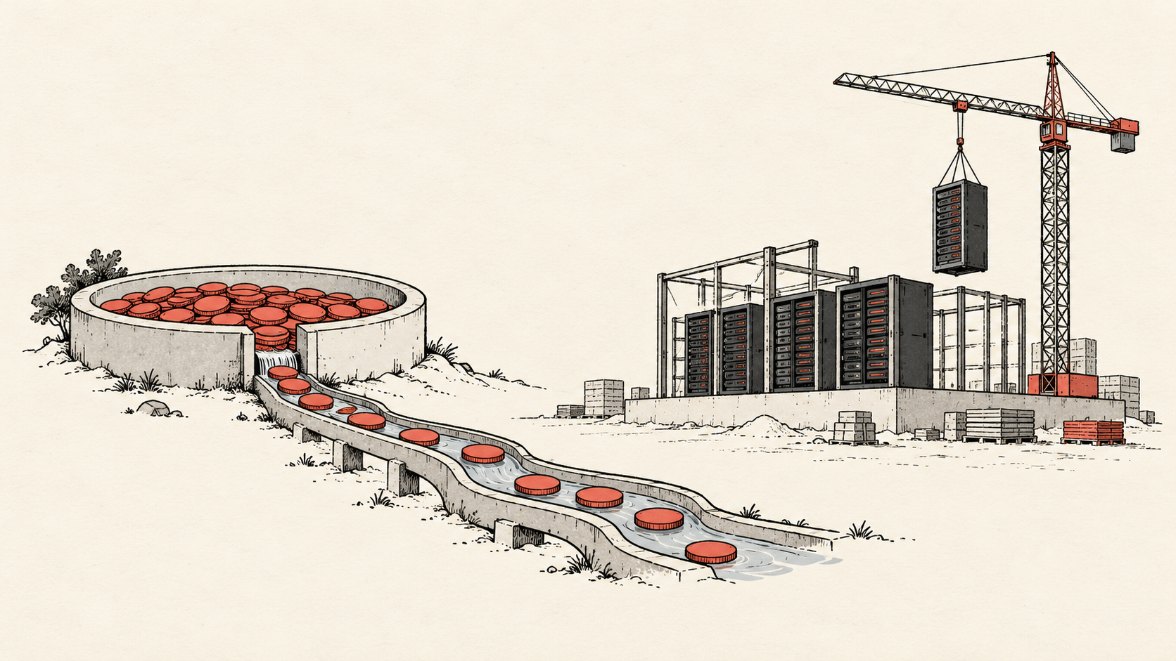 Hand-drawn coins flowing from a round reservoir beside server racks under construction and a crane.
