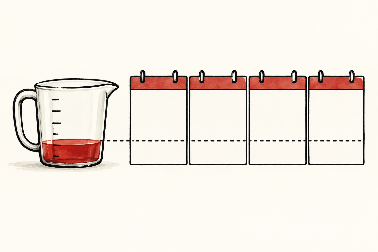 A measuring jug of red revenue beside four blank calendar panels illustrates annualization.