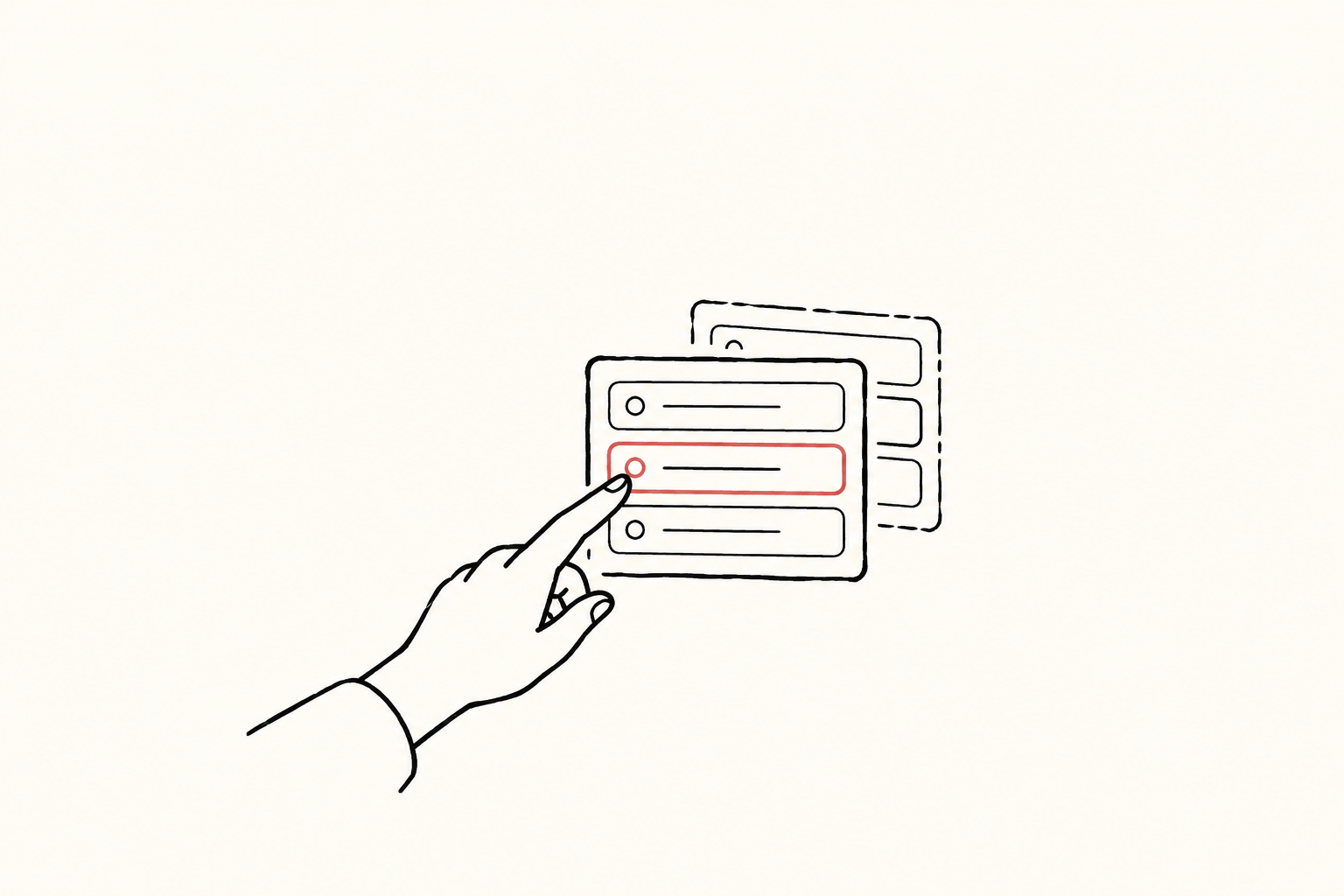 A hand checks a red-outlined field on an interface card, with an earlier card outline behind it.