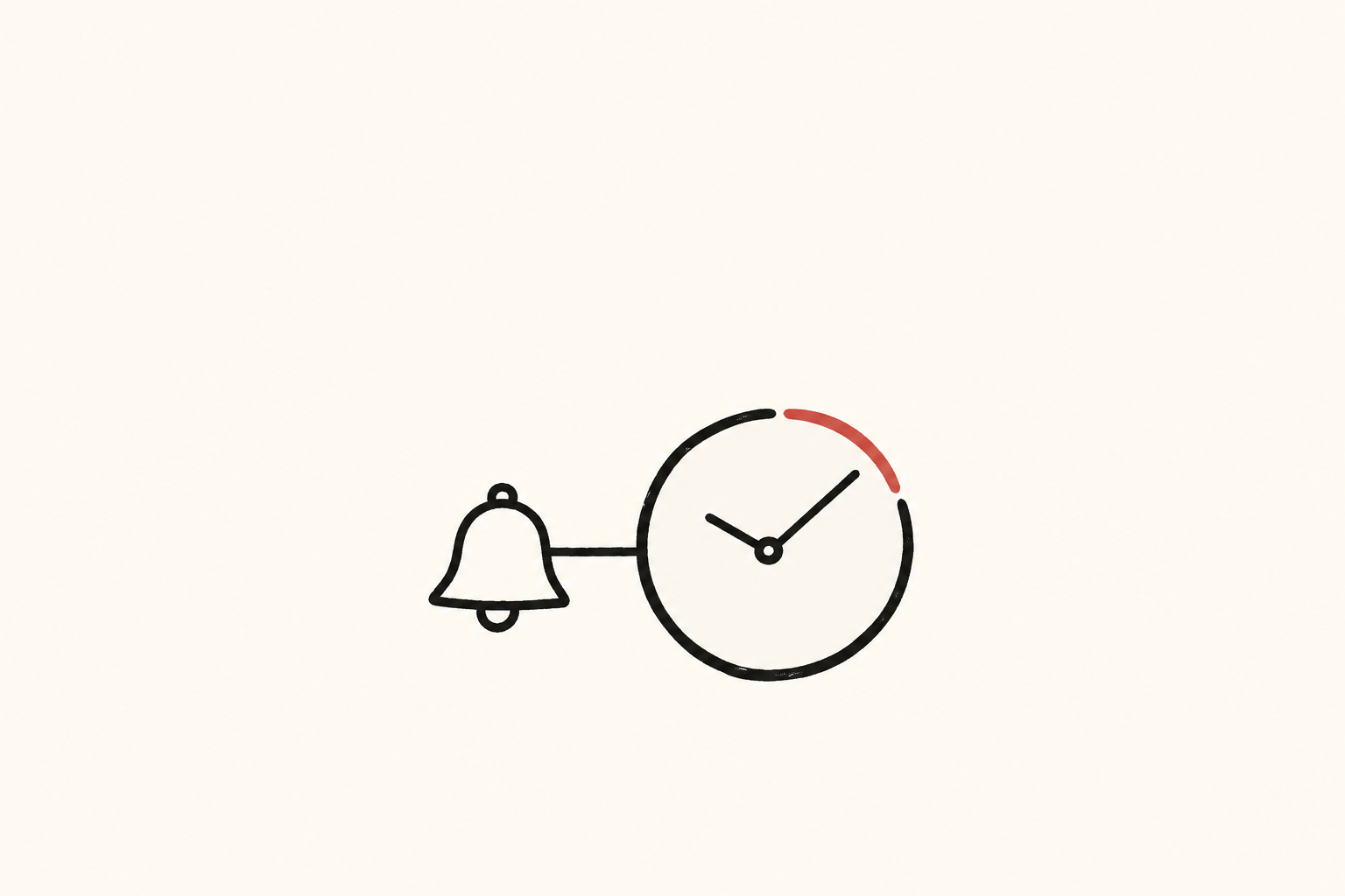 A warning bell connects to a clock whose red rim segment highlights time available to act.