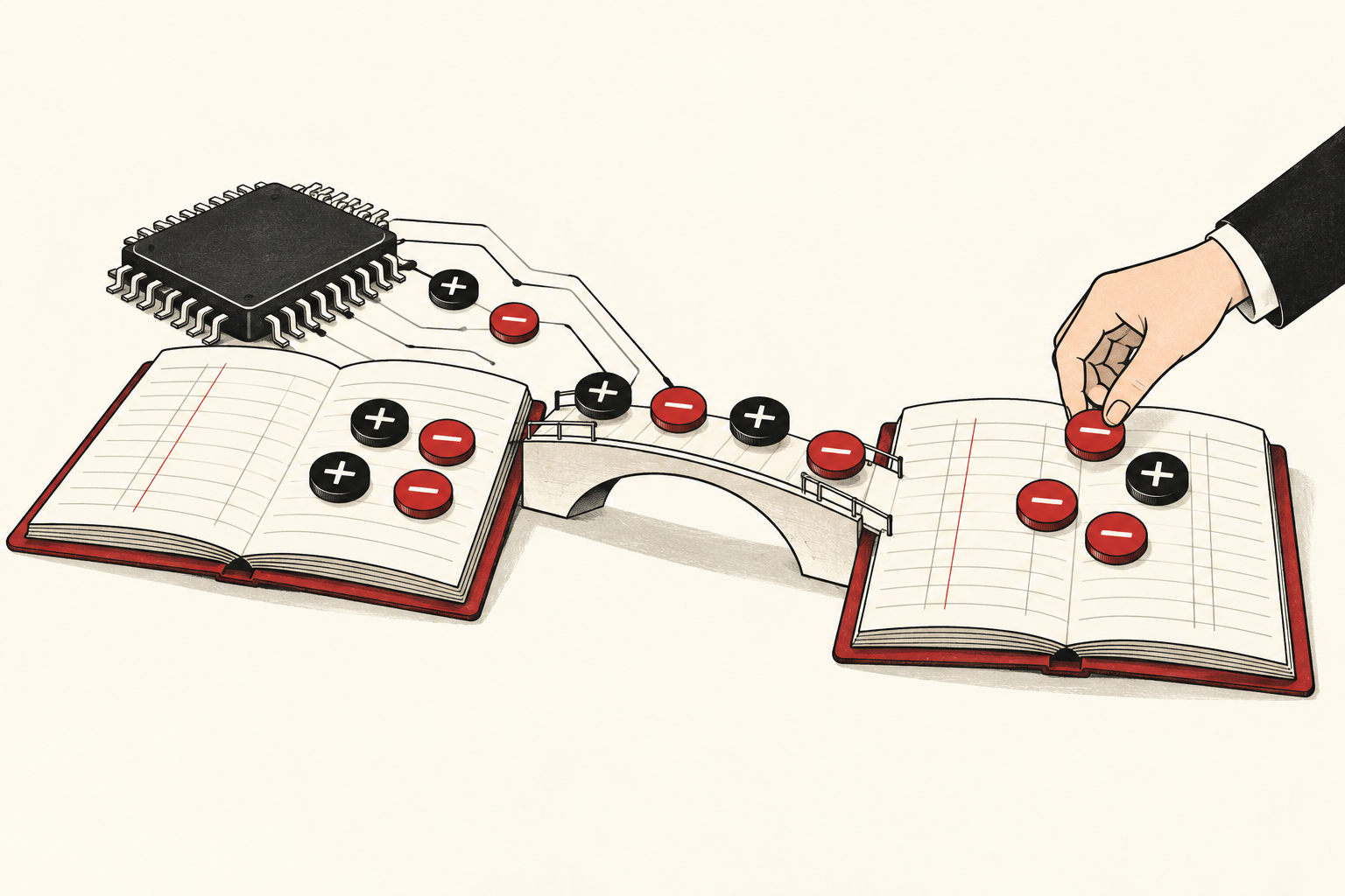 手描きの半導体チップと二冊の帳簿。赤いプラスとマイナスが調整方向を示す。