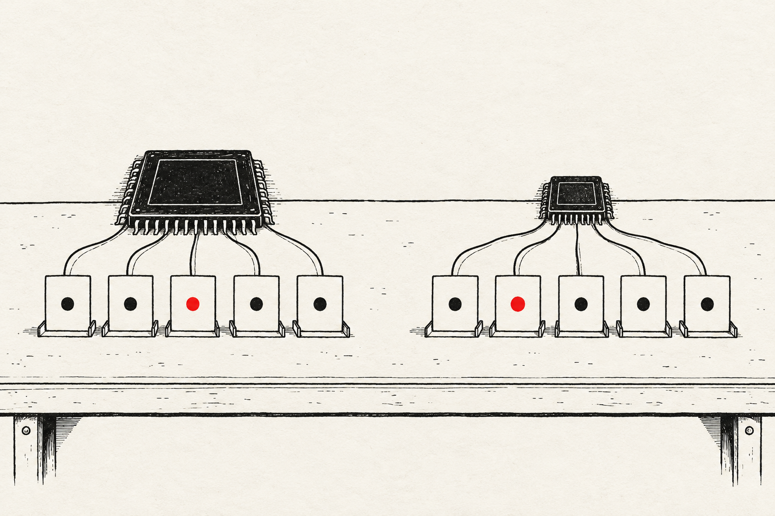 Two chips connect to test cards with red error markers in different positions.