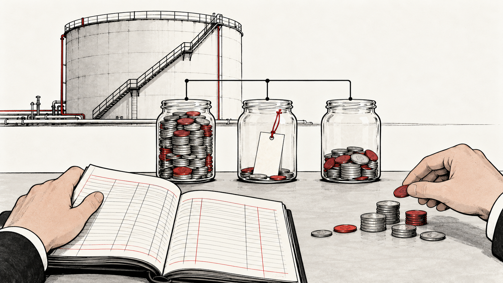 An oil tank behind three coin jars and an open ledger illustrates checking cash sources and payment timing.