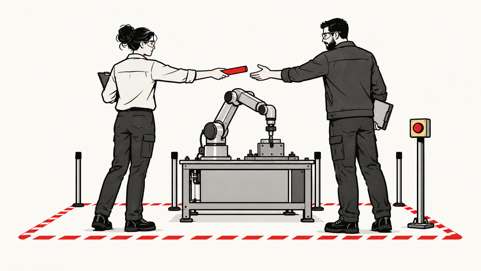 停止したロボットアームの横で二人の技術者が赤いバトンを渡し、作業再開時の責任の引き継ぎを表す。